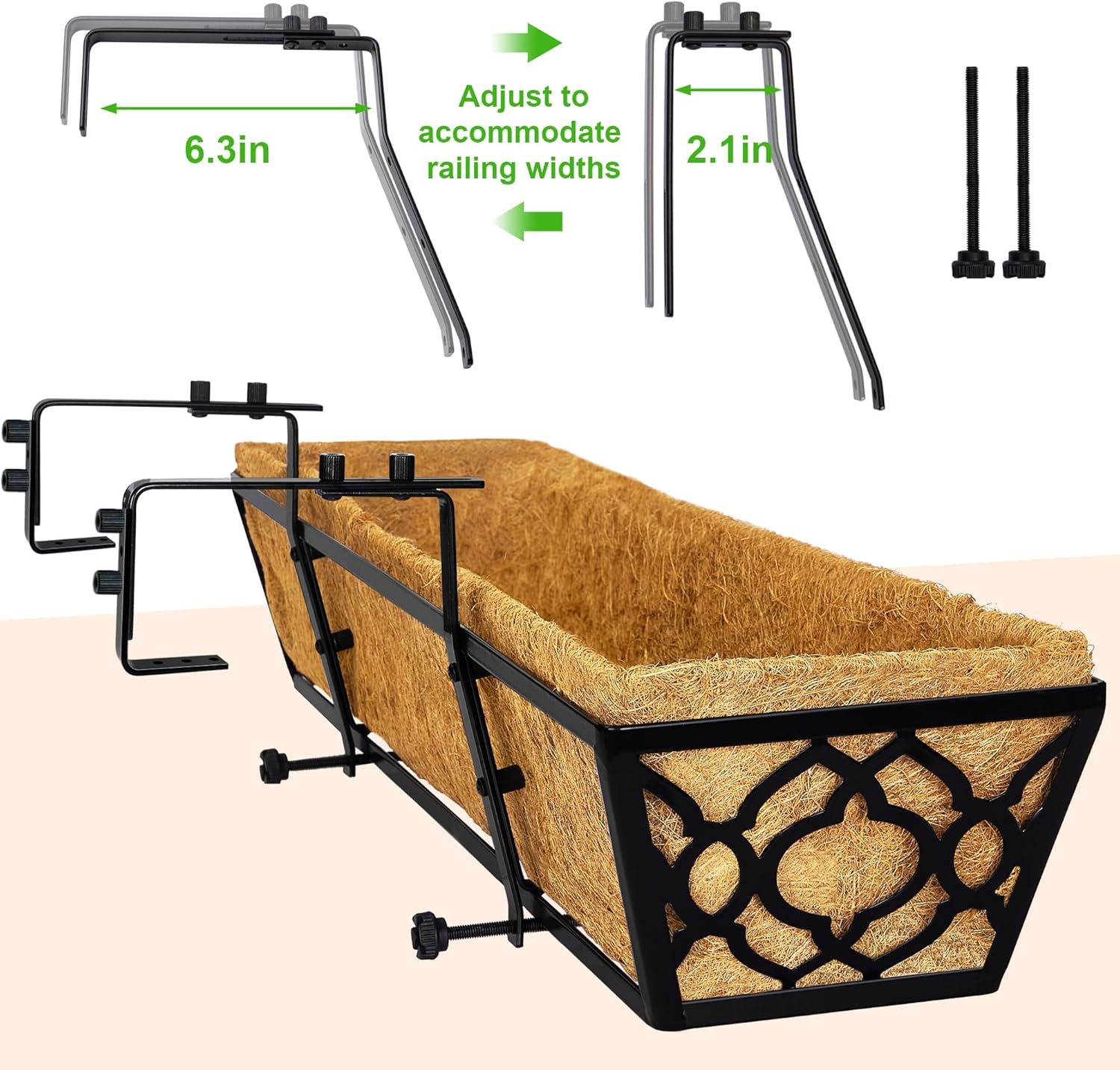 24in Railing Planter Box Set 4 Metal Trough Coco Liner