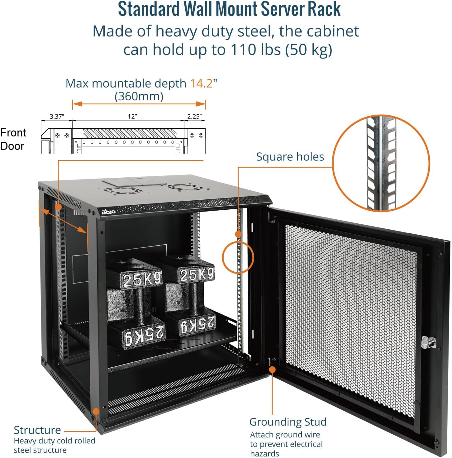 12U Wall Mount Server Cabinet 450mm Mesh Door Black