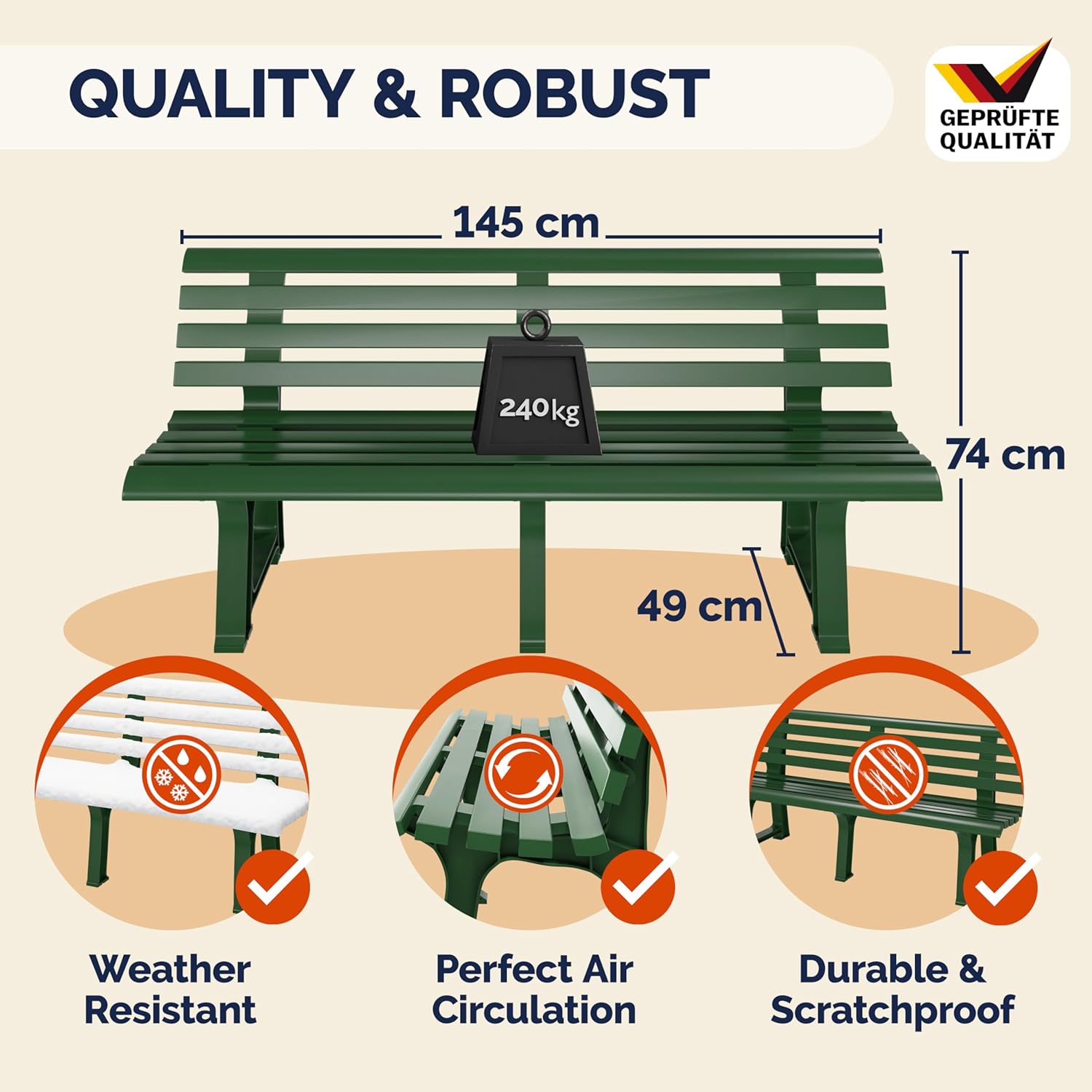 3 Seater Outdoor Plastic Garden Bench Patio Deck Seat Green