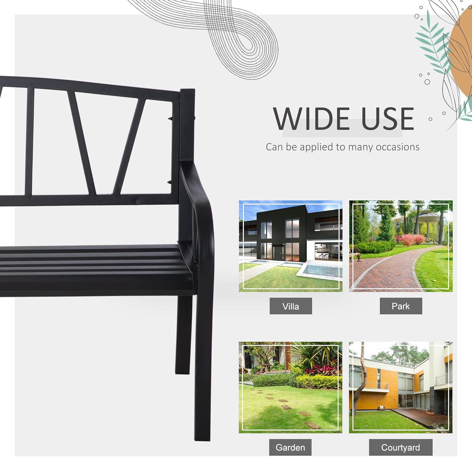 2 Seater Metal Garden Bench Outdoor Patio Loveseat Chair Black