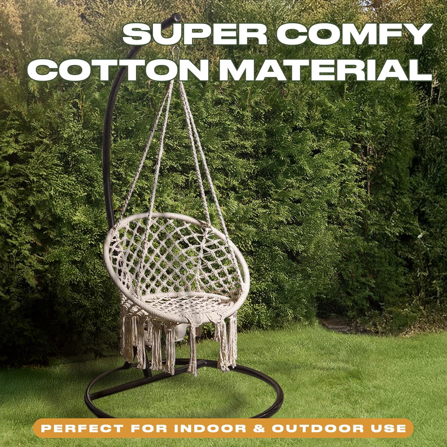 Macrame Egg Chair with Stand Cream Hanging Swing Chair
