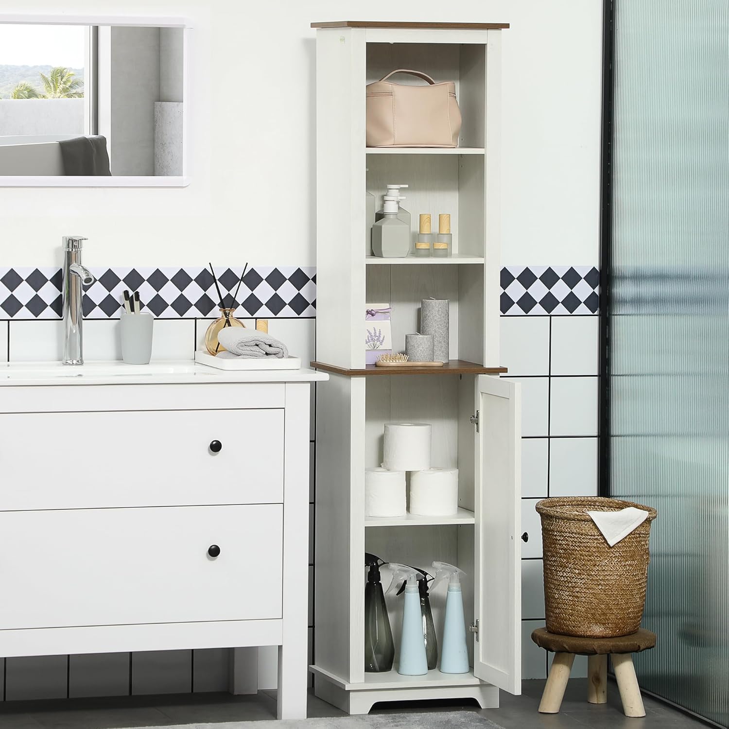 Tall Bathroom Floor Cabinet White Slim Storage Cupboard Shelves