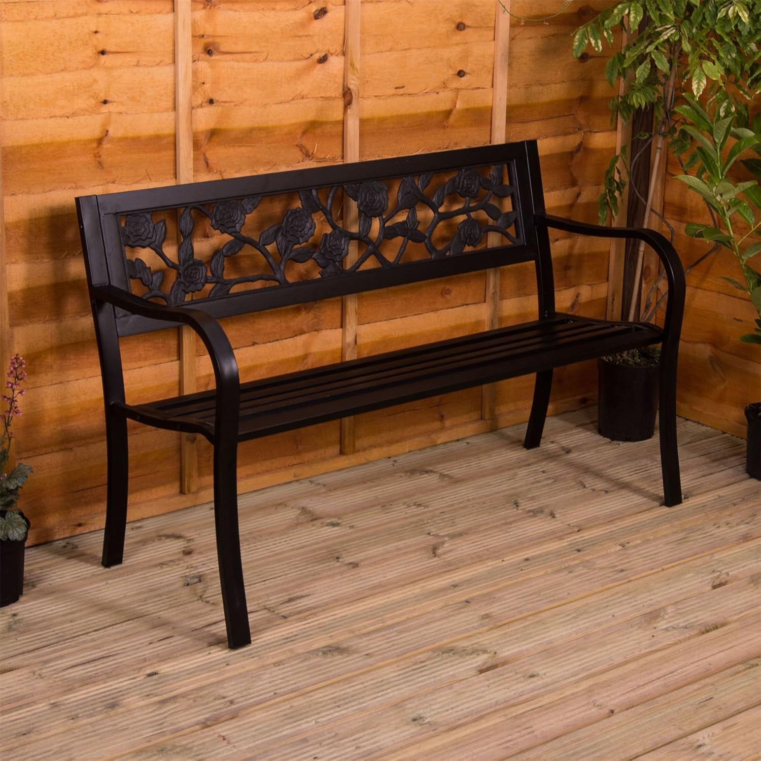 3 Seater Metal Garden Bench Rose Design Outdoor Patio Park Seat