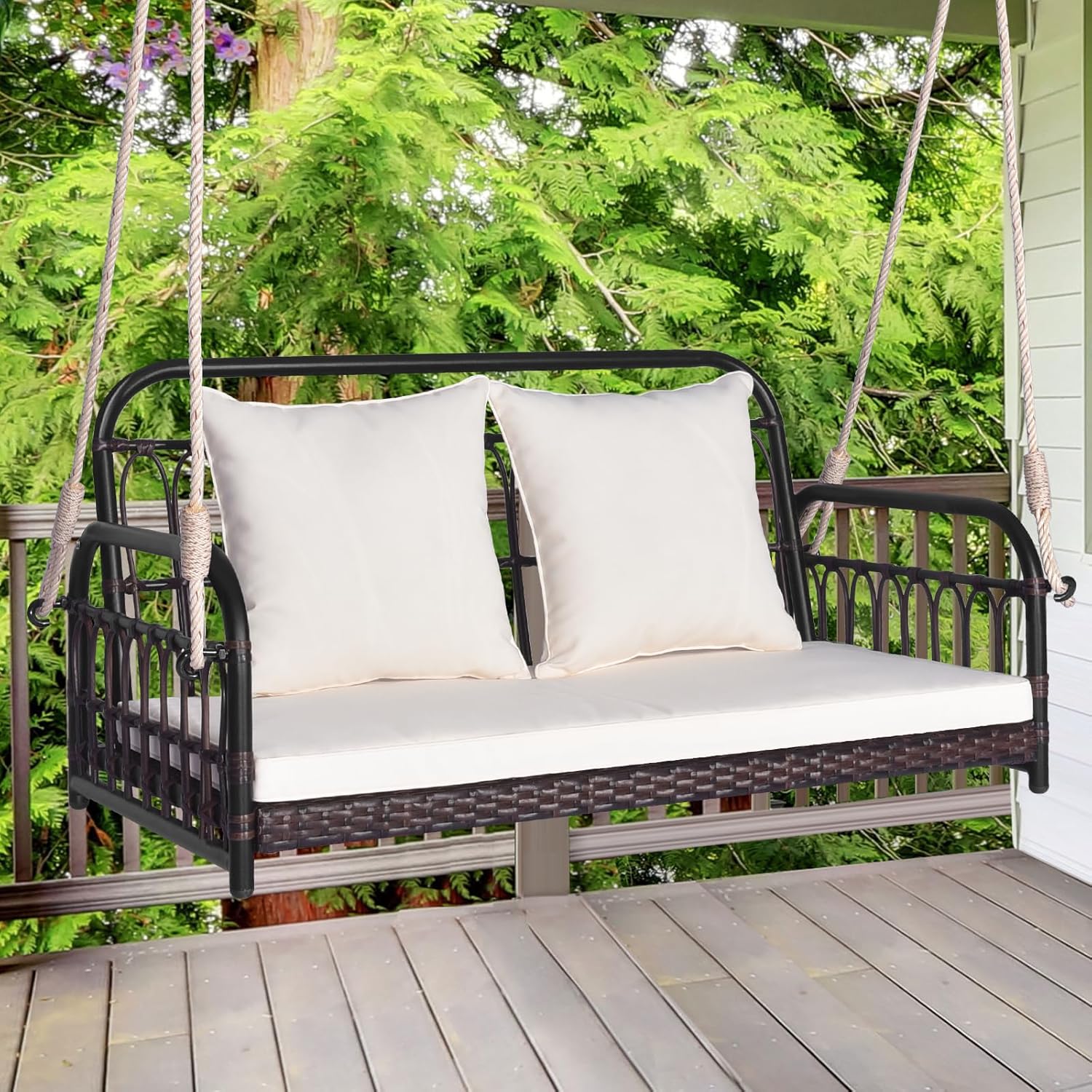 2 Seater Rattan Hanging Swing Bench Cushion Pillows