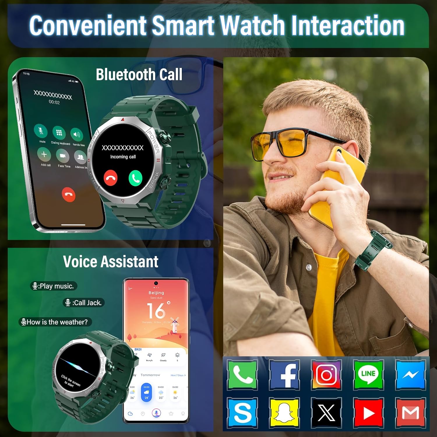 Military Smart Watch Green Bluetooth Call Fitness