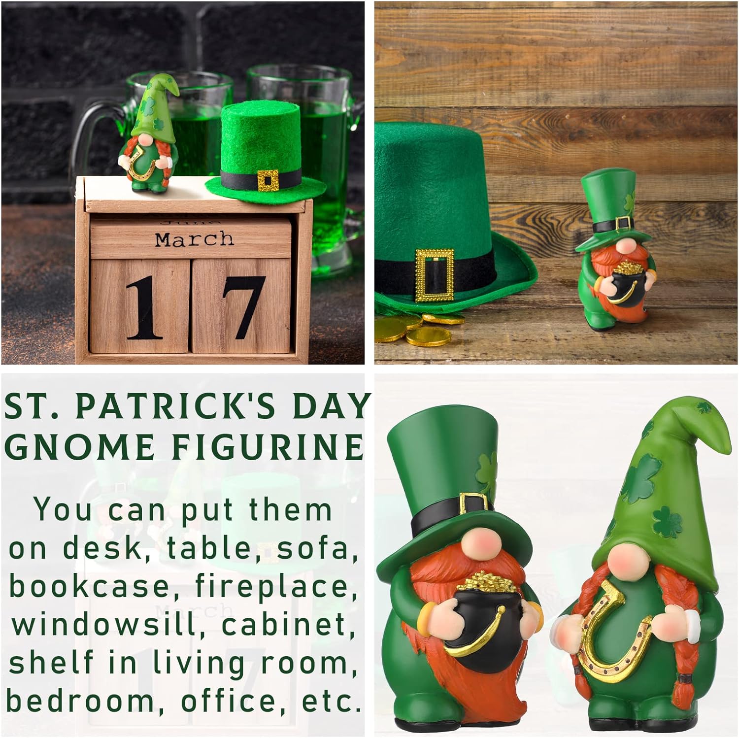 2PCS St Patrick’s Day Gnome Decor Shamrock Resin Figurines