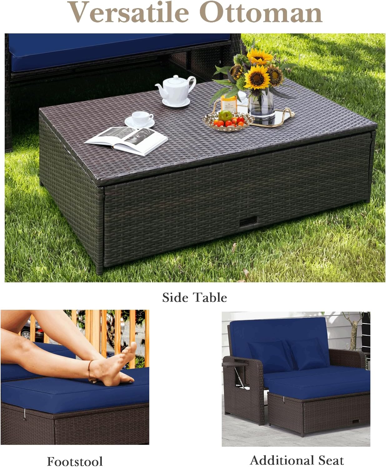 Double Rattan Daybed Sun Lounger Storage Ottoman Navy Blue