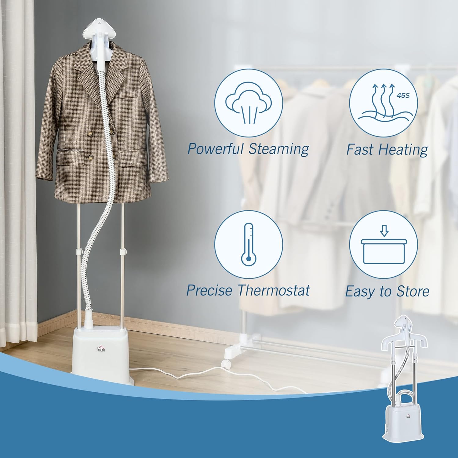 Upright Garment Steamer 1960W 1.7L Tank 6 Steam Levels Fast Heat