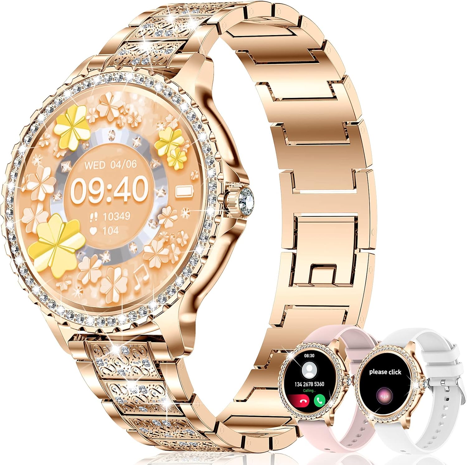 Diamond Womens Smart Watch Bluetooth Call 3 Straps Bling
