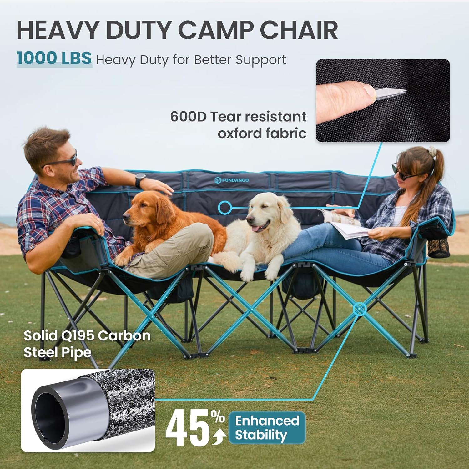 Extra Wide 3 Seater Camping Sofa Foldable Black