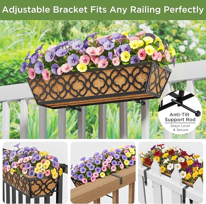 24in Hanging Planter Box Set 2 Metal Railing Trough Coco Liner