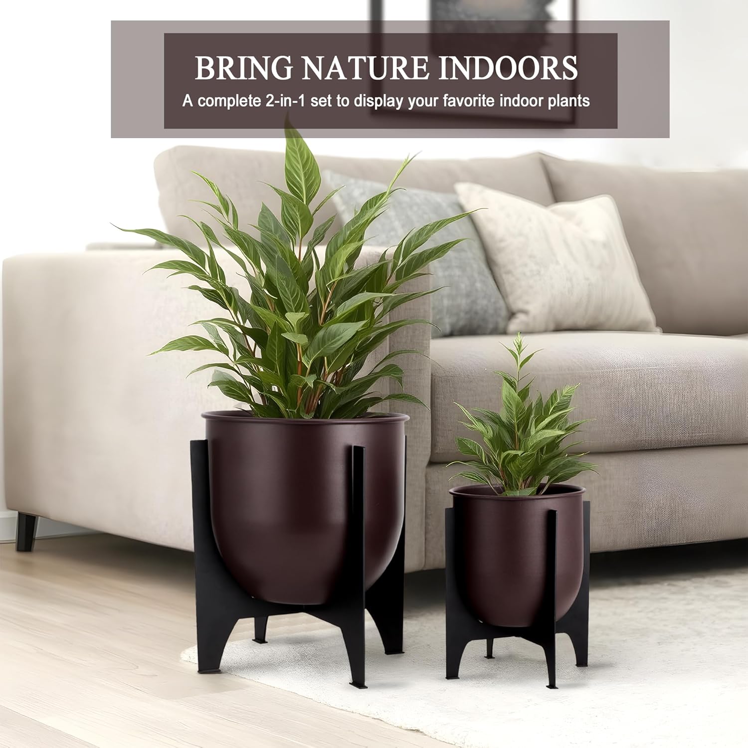 Metal Planters with Stand Set of 2 Brown Indoor Outdoor Pots