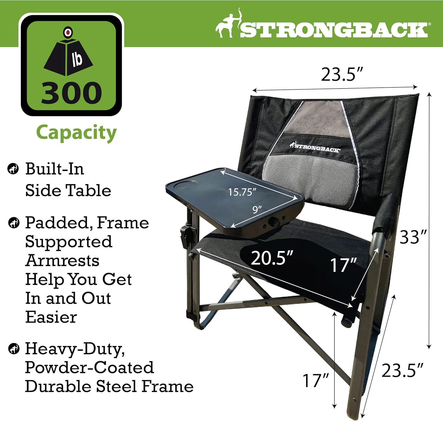 Ergonomic Director Camping Chair with Side Table Black