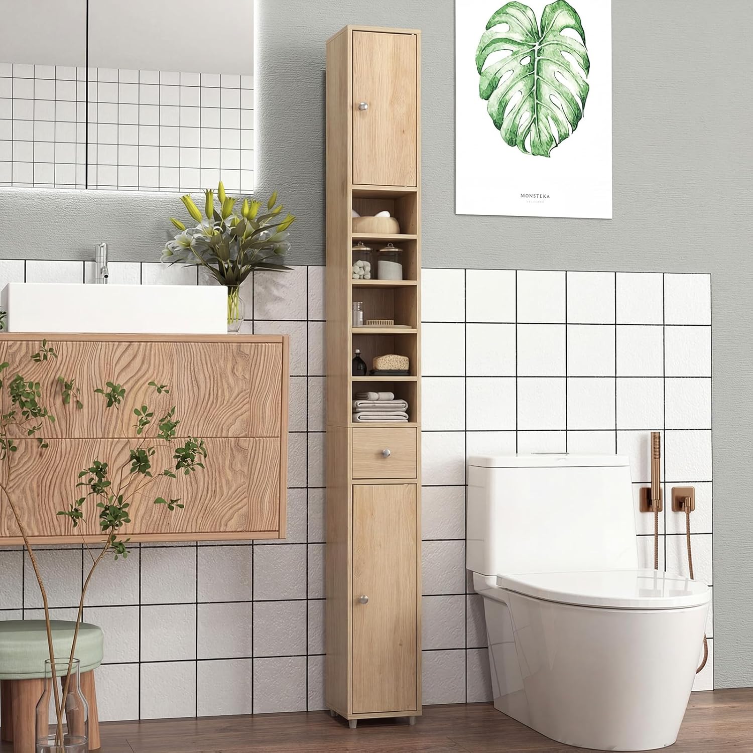 Tall Slim Bathroom Storage Cabinet Drawer Shelves Natural Wood