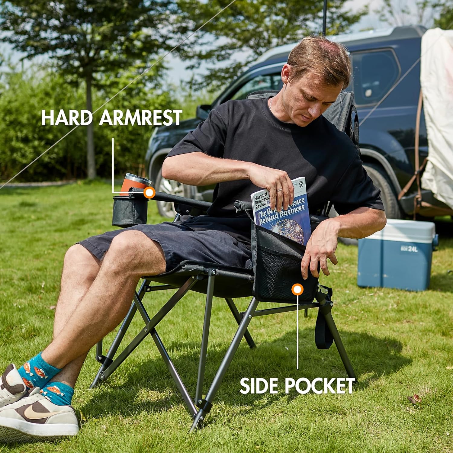 High Back Folding Camping Chair 180kg Heavy Duty Black