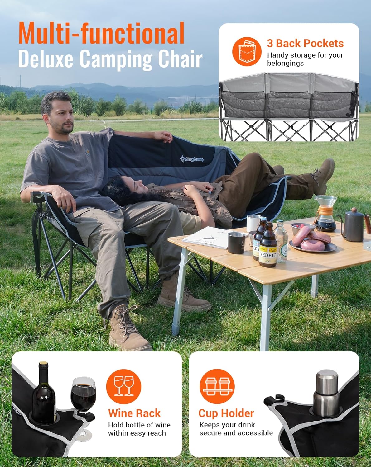 3 Seater Camping Sofa Chair 450KG Black Grey