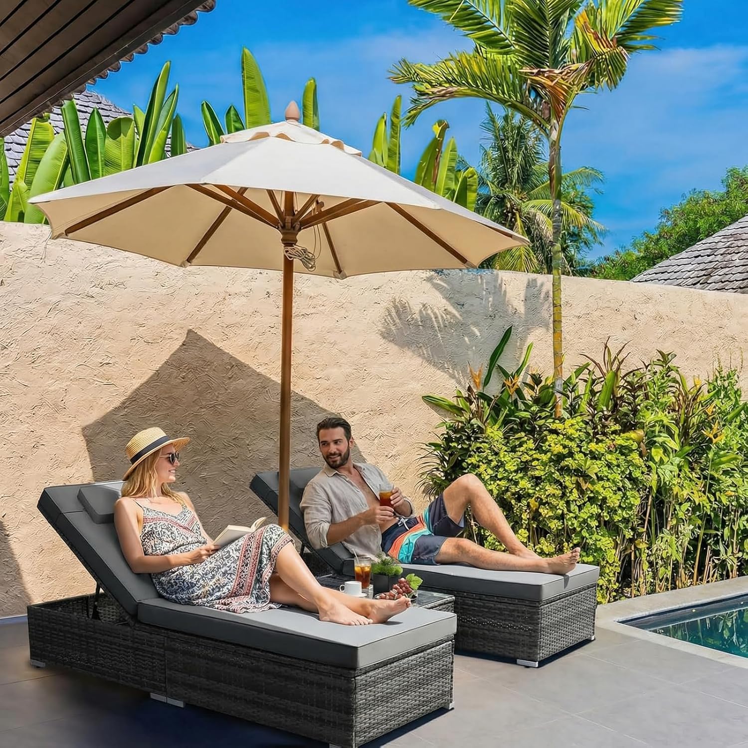 3 Piece Rattan Sun Lounger Set Recliner Day Bed Table Grey