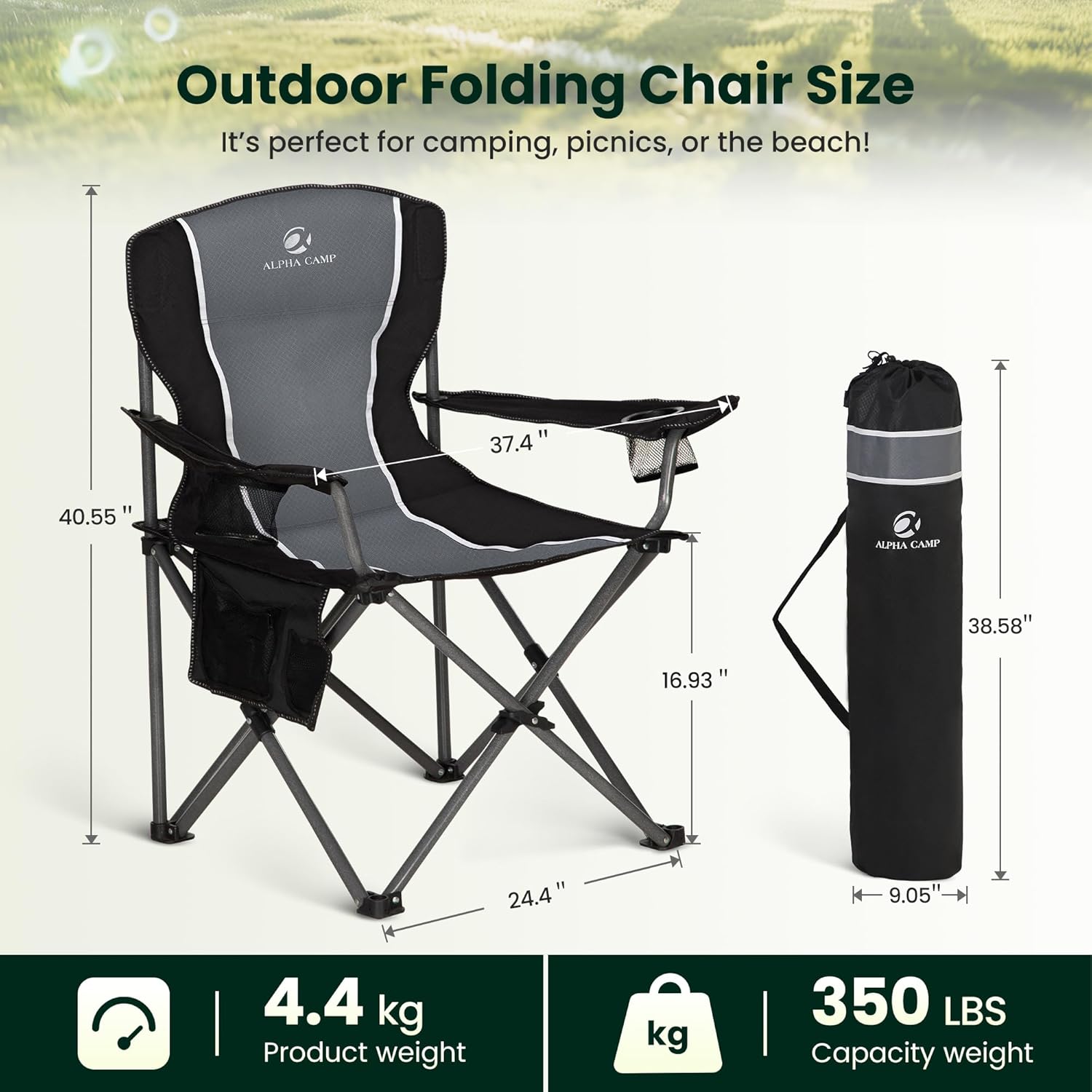Portable High Back Camping Chair with Cup Holder Side Pocket Grey