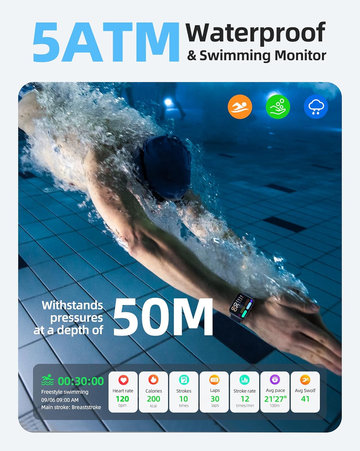 Swimming Smart Watch 100 Sports 5ATM Sleep Tracker
