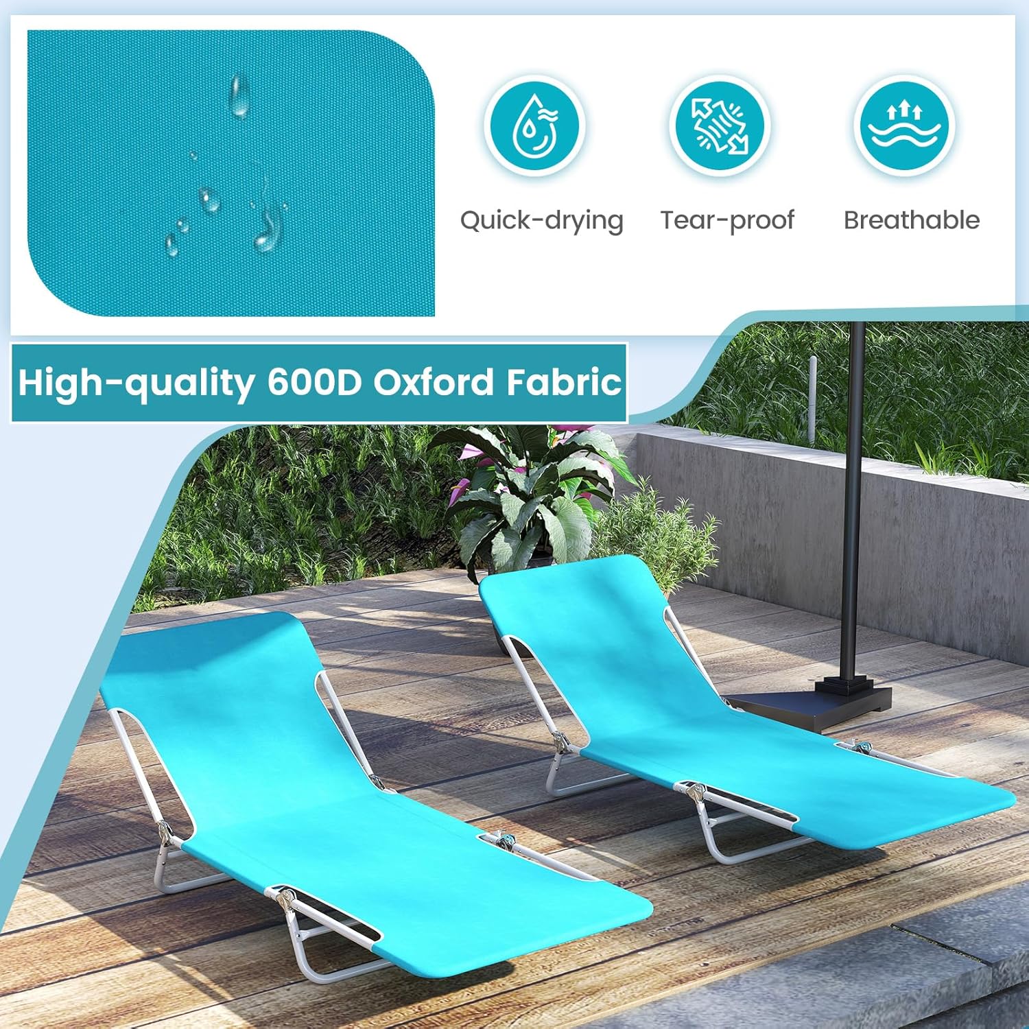 2 Folding Sun Loungers 5 Position Reclining Beach Chairs Blue