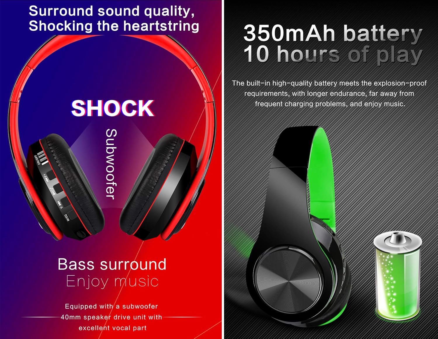 Wireless Over Ear Bluetooth Headphones Foldable HiFi Stereo With Mic