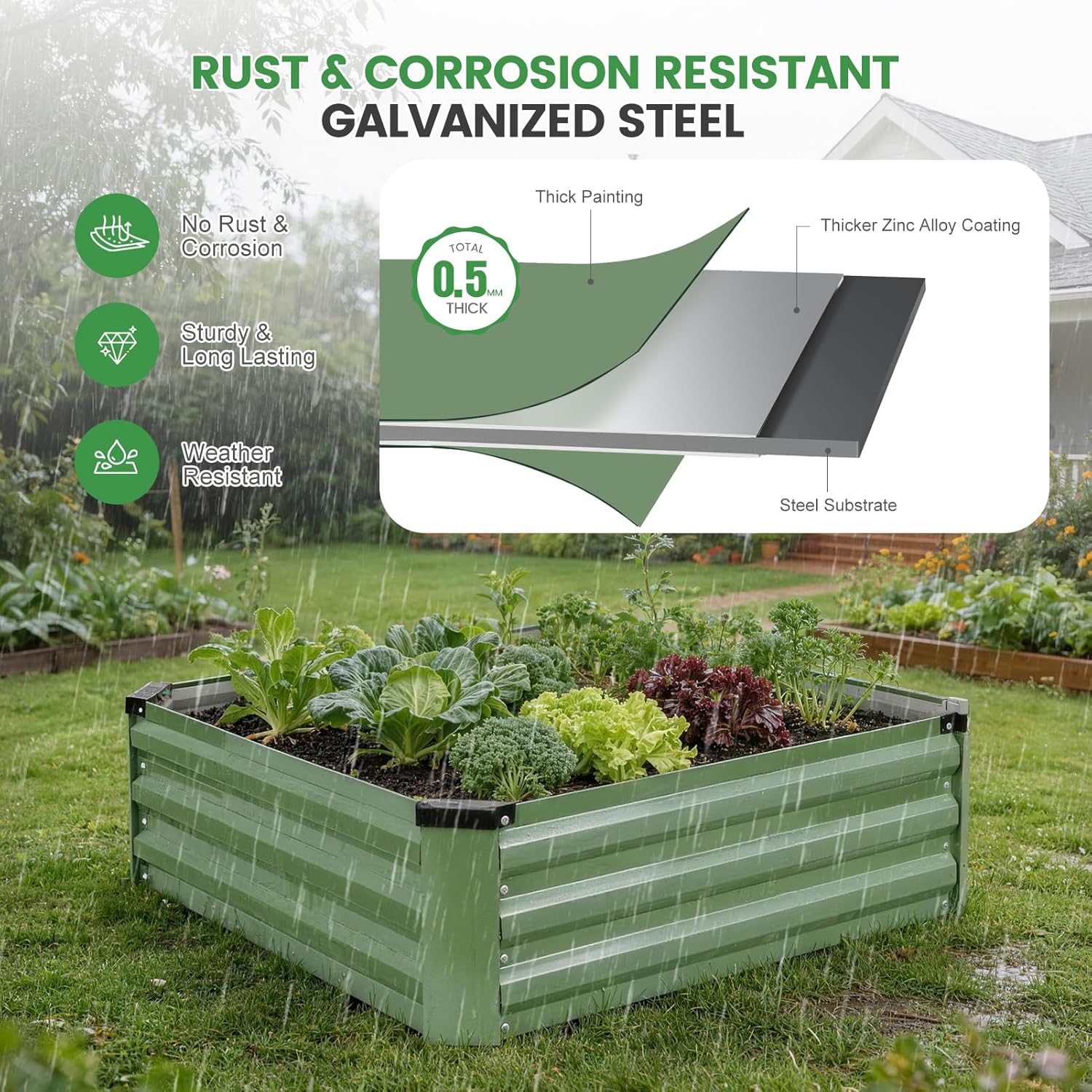 Set of 2 Metal Raised Garden Beds 90x90cm Olive Green