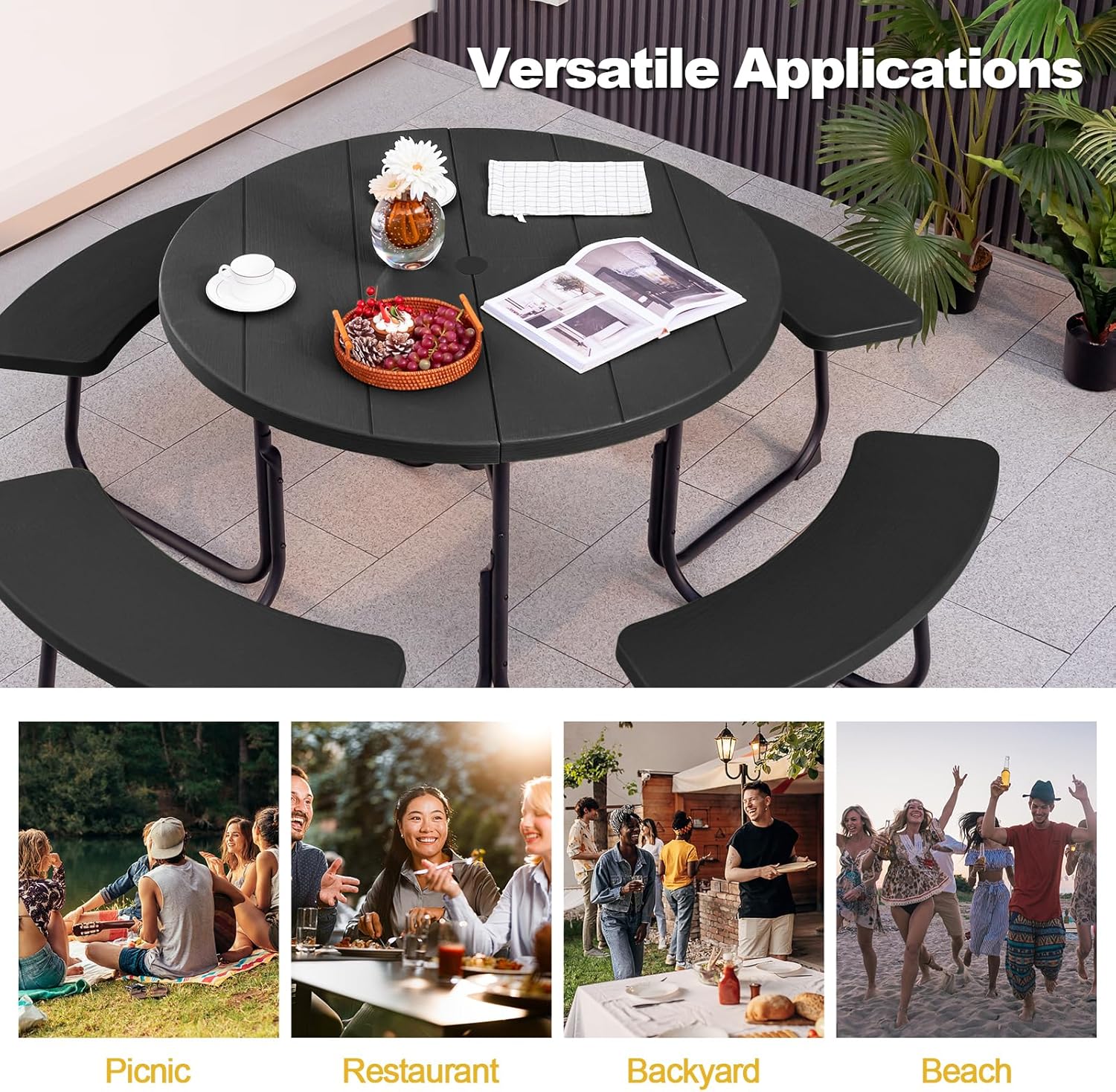 8 Seater Round Picnic Table Bench Set Outdoor Patio w/Parasol Hole Black