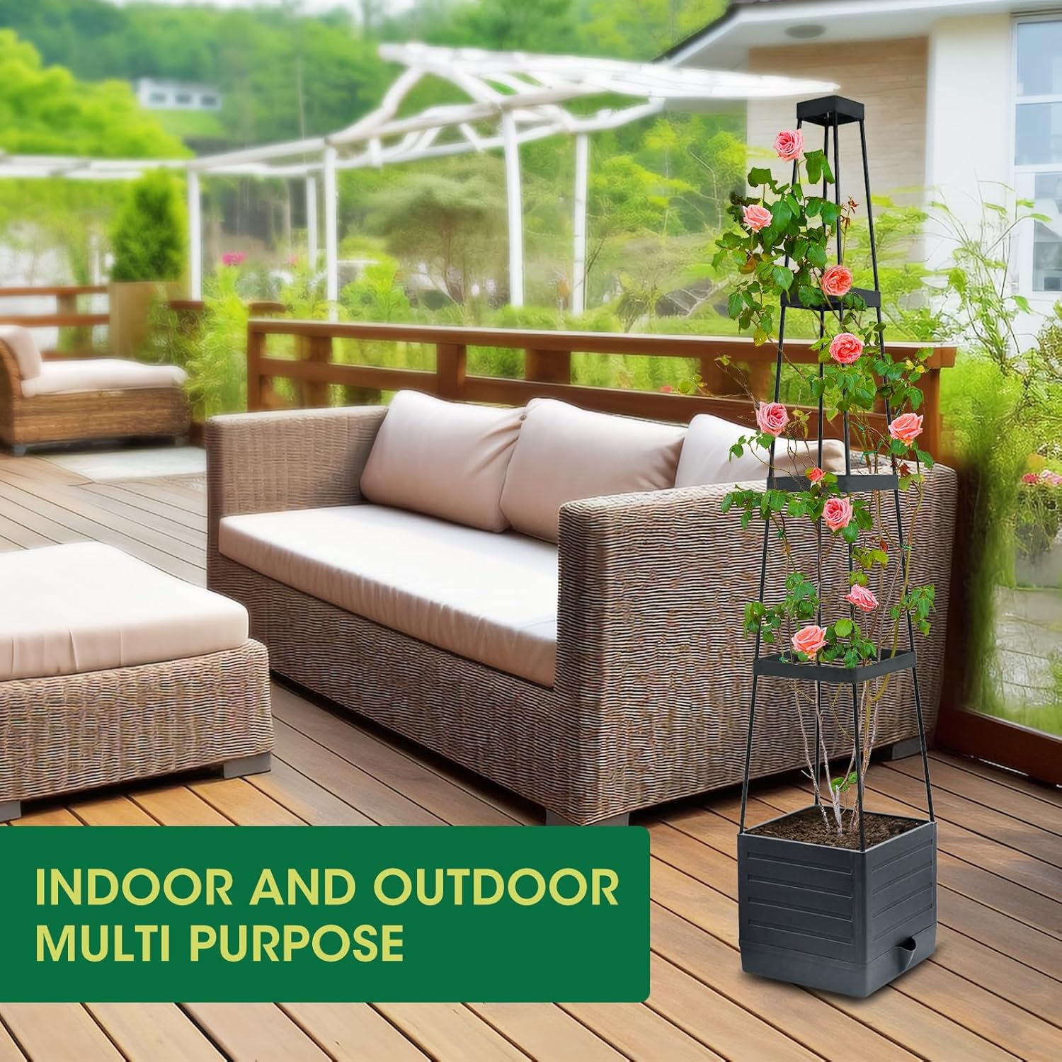 2 Pack Raised Garden Bed Planter with Trellis Self Watering Black