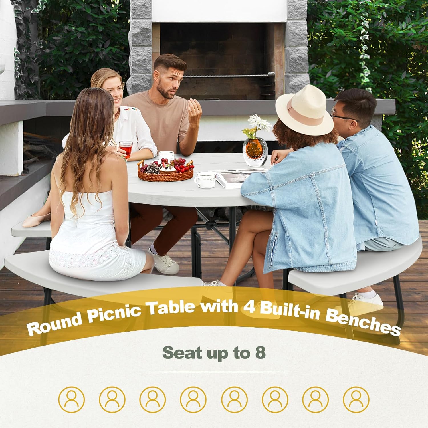 8 Seater Round Picnic Table Bench Set Outdoor Patio w/Parasol Hole