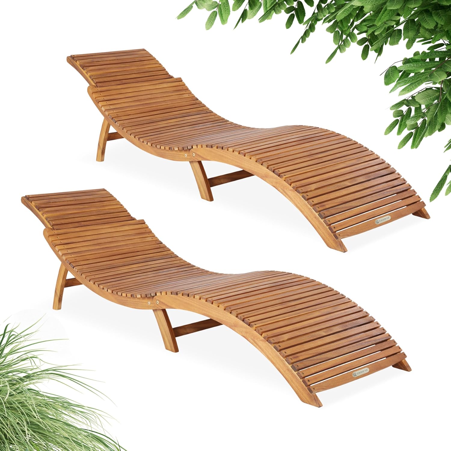 2 Foldable Wooden Sun Loungers Acacia Garden Recliners