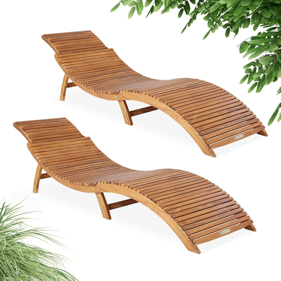 2 Foldable Wooden Sun Loungers Acacia Garden Recliners