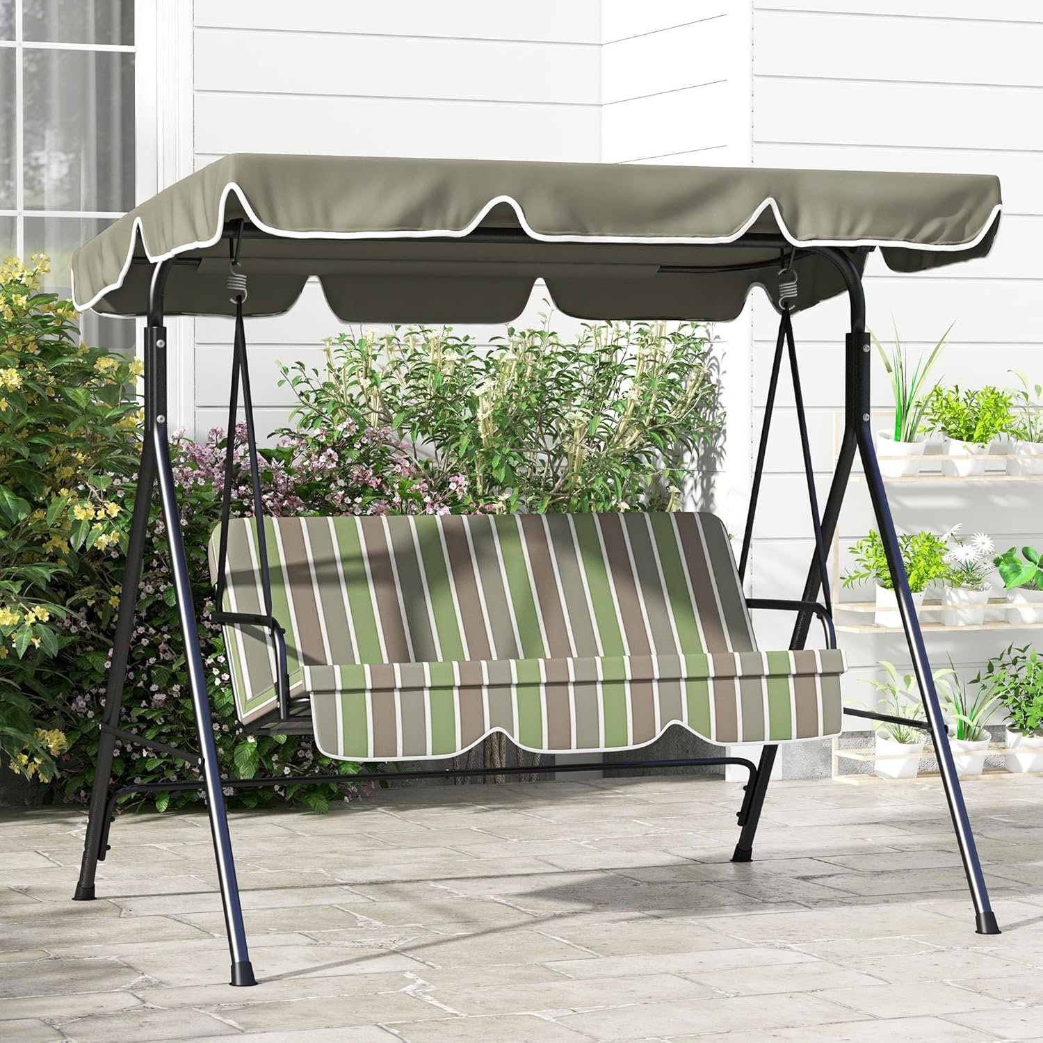 3 Seater Garden Swing Chair with Canopy Green Grey