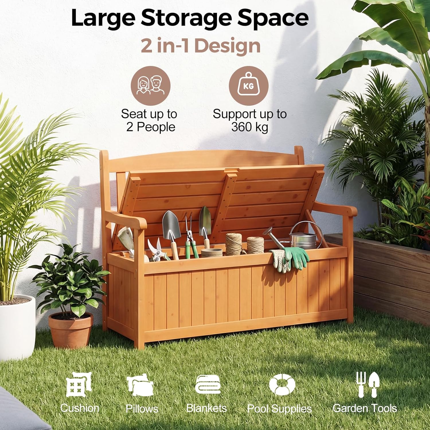 Wooden Garden Storage Bench 2 Seater Outdoor Patio Seat with Cushion