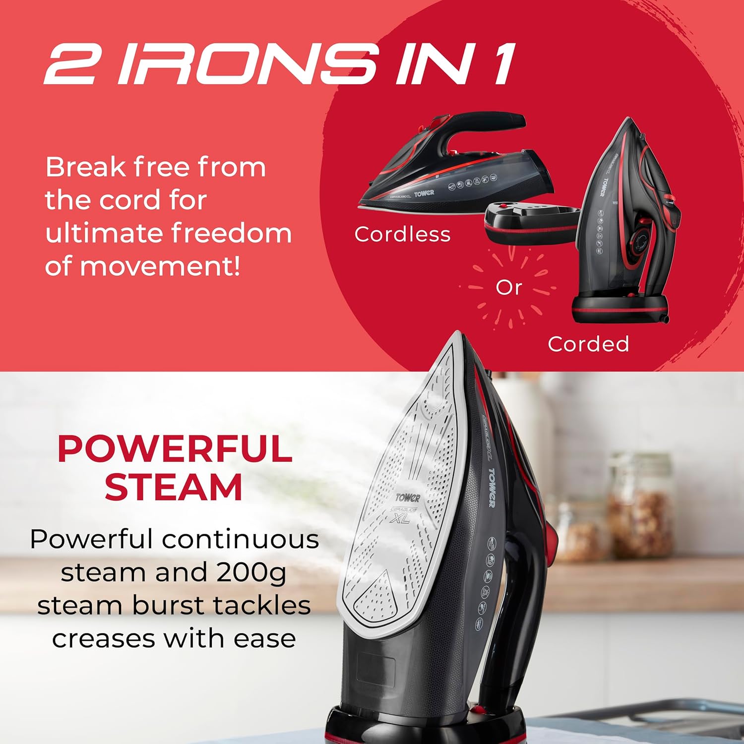 3100W Cordless Steam Iron Ceramic Soleplate 350ml Tank Auto Shutoff