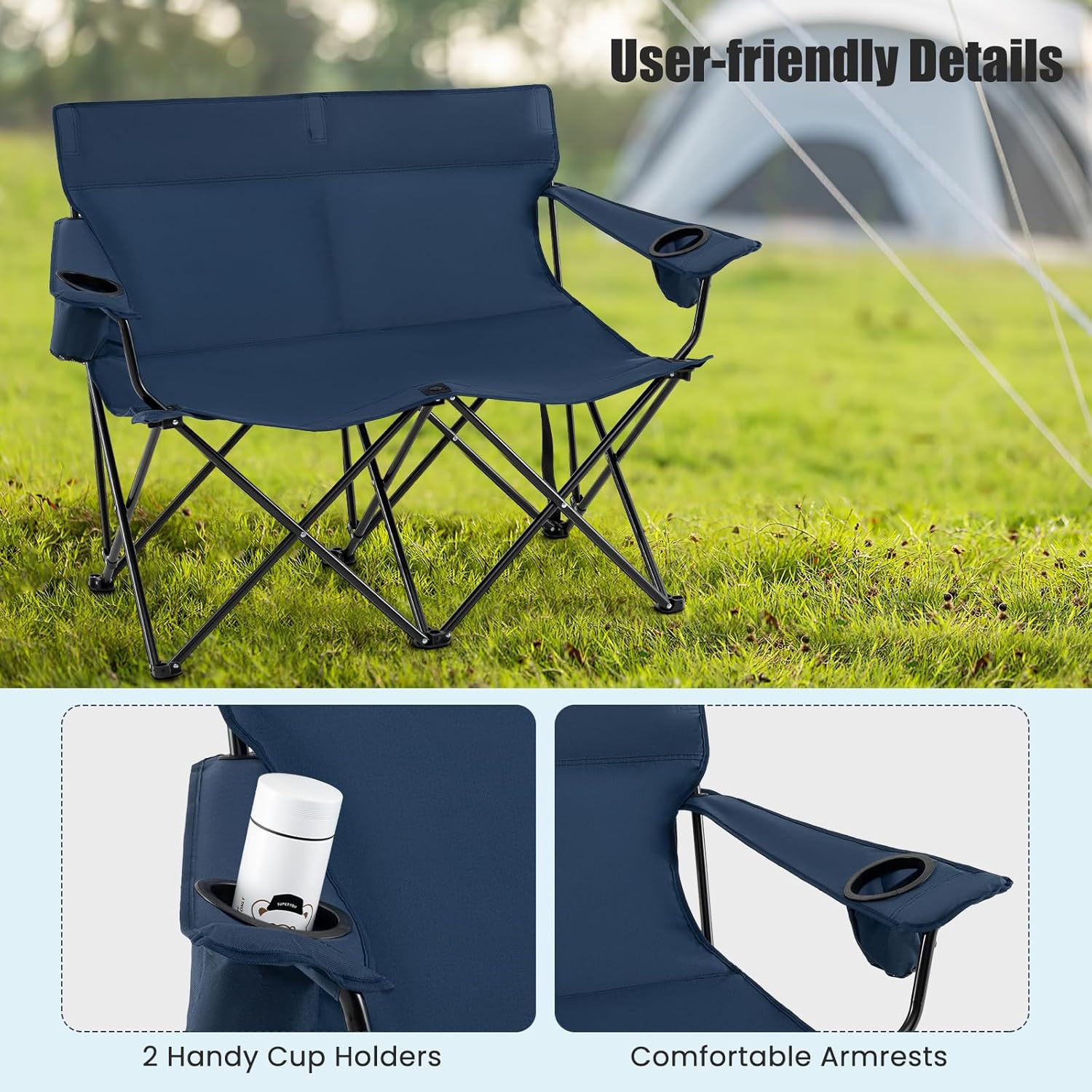 Double Camping Loveseat Chair 300KG Foldable Blue