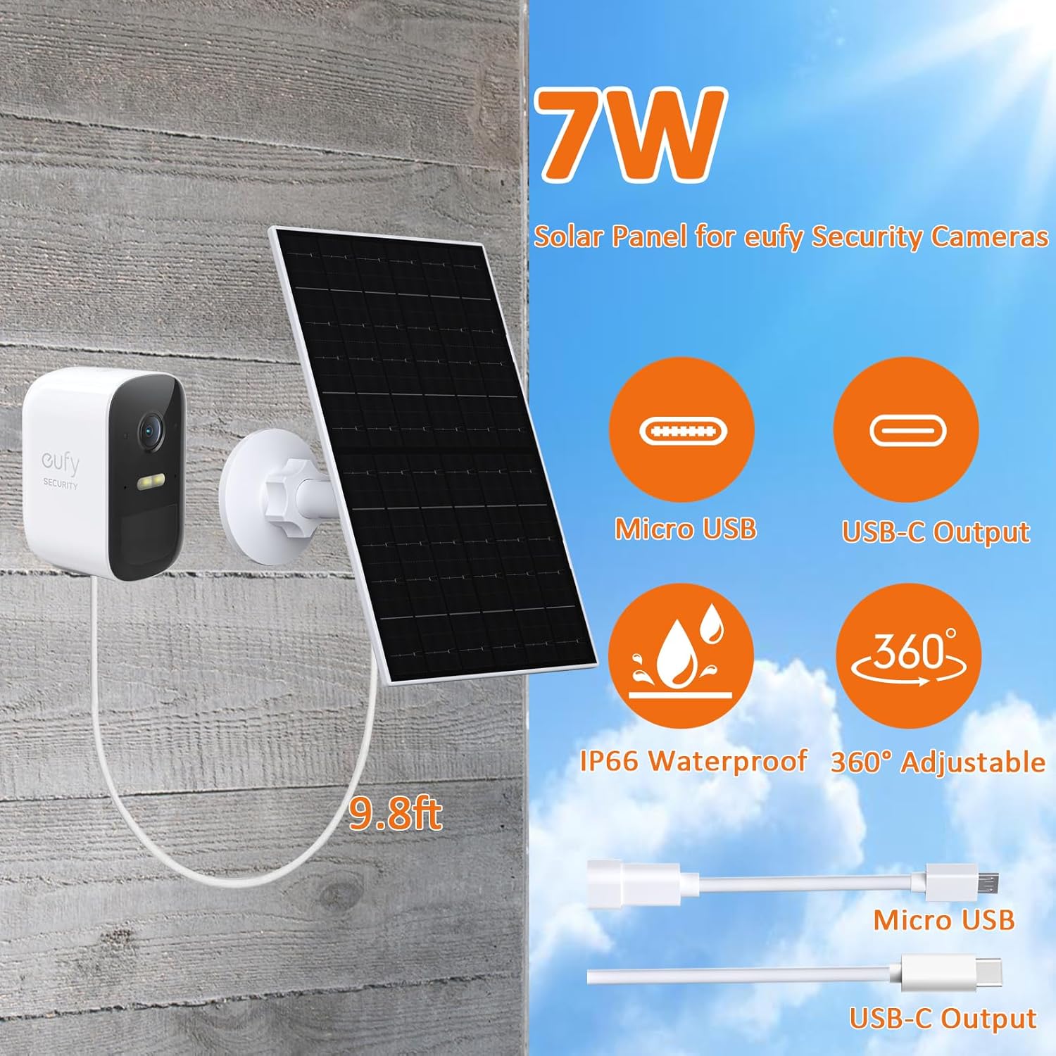 7W Solar Panel Camera Charger USB C Micro USB 2 Pack IP65