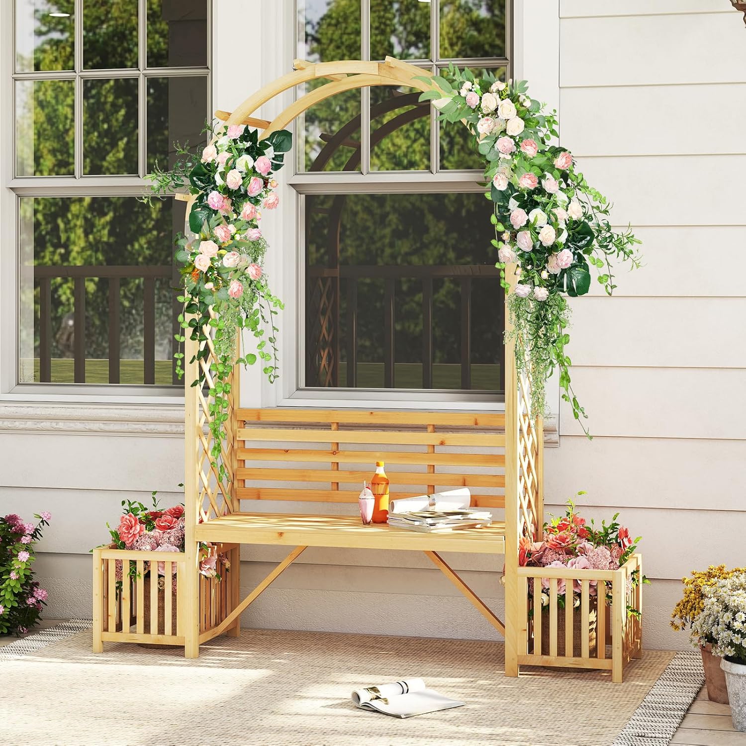 Wooden Garden Arch with Bench & Planters Trellis Pergola Seat