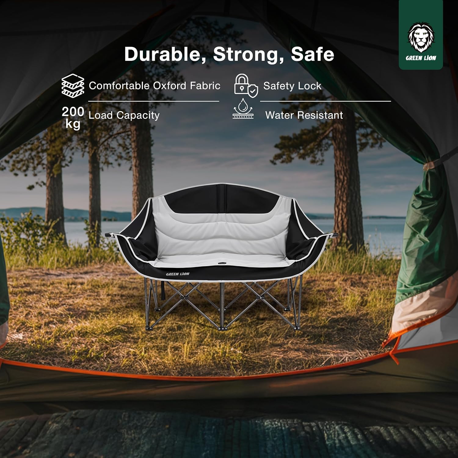 Portable Double Camping Chair Folding Loveseat Grey Black