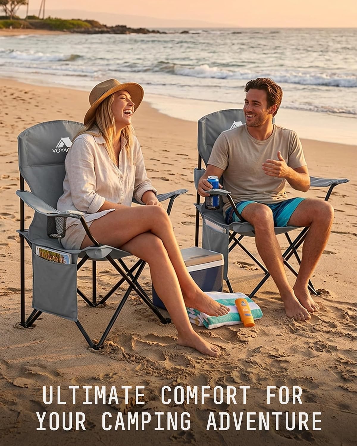 Folding Camping Chair 2 Pack Pocket Cup Holder Dark Grey