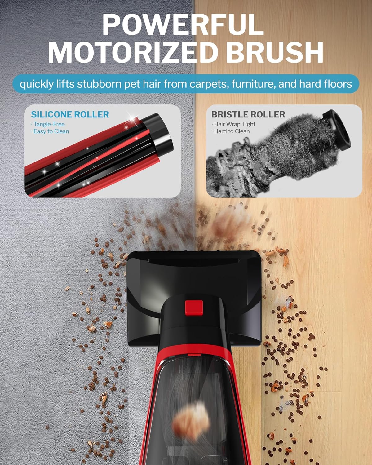 Cordless Pet Hair Handheld Vacuum HEPA Brush LED Light Red