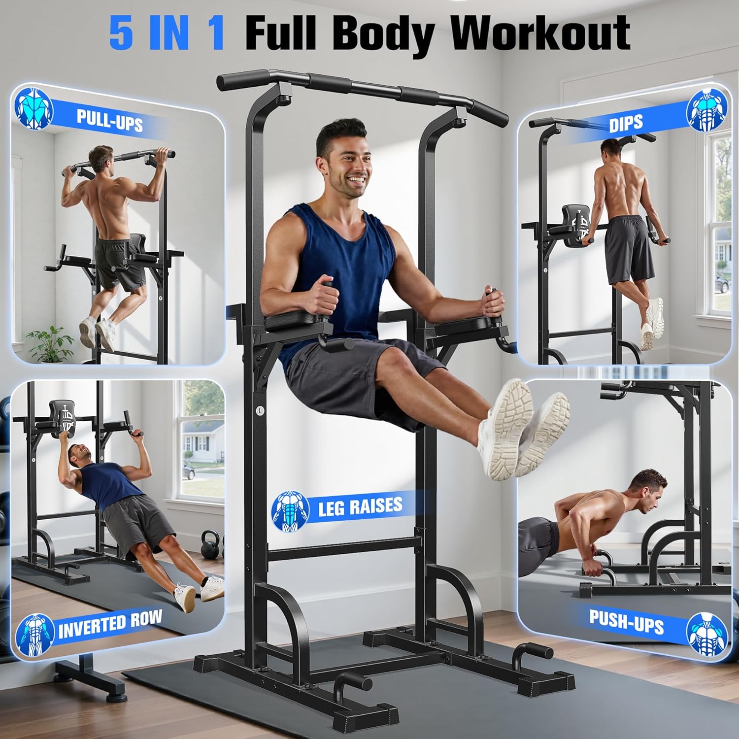 Power Tower Pull Up Dip Station Multi Gym Strength Trainer 450lb