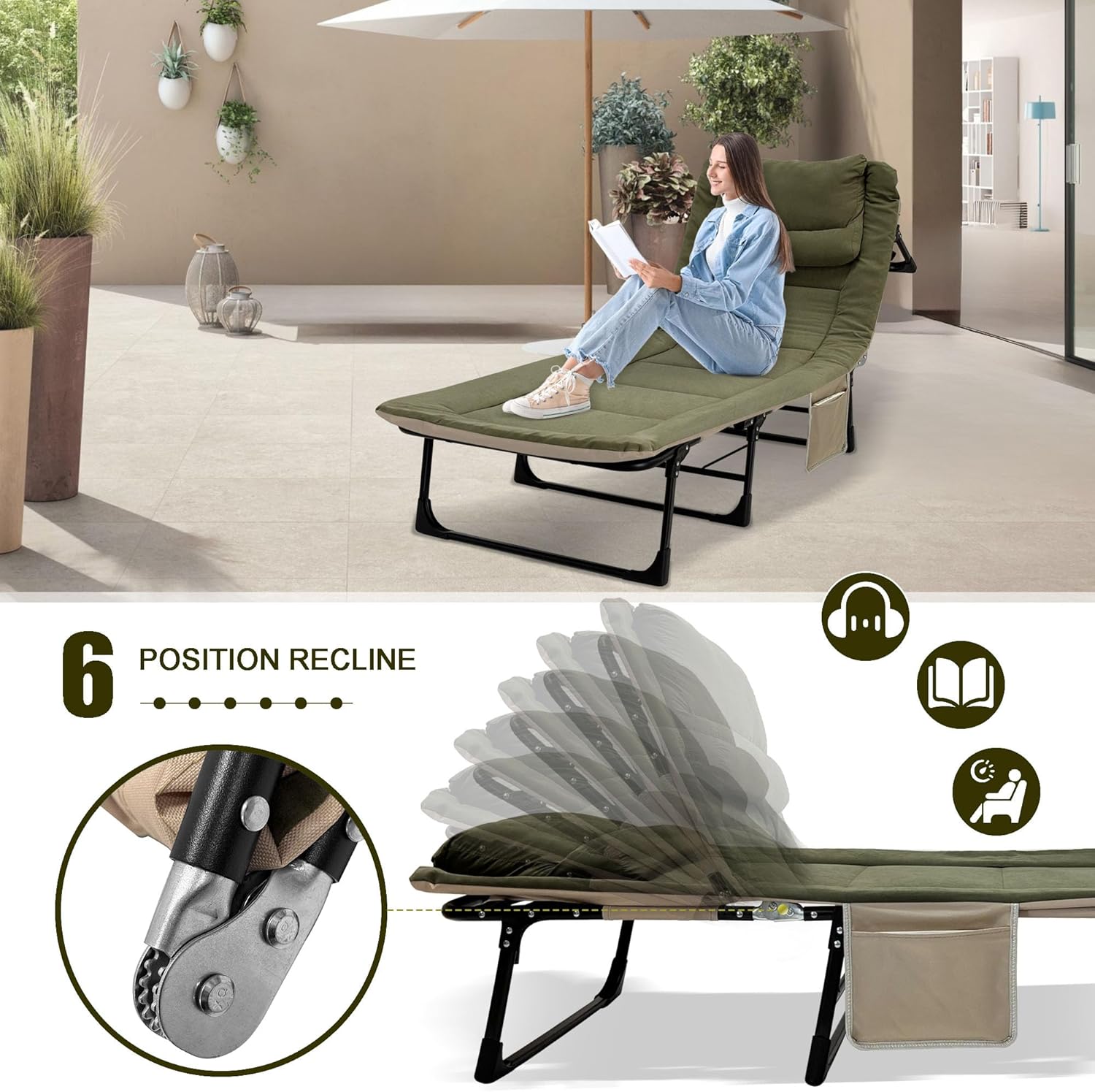 Foldable Sun Lounger Bed Green 6 Position Recliner