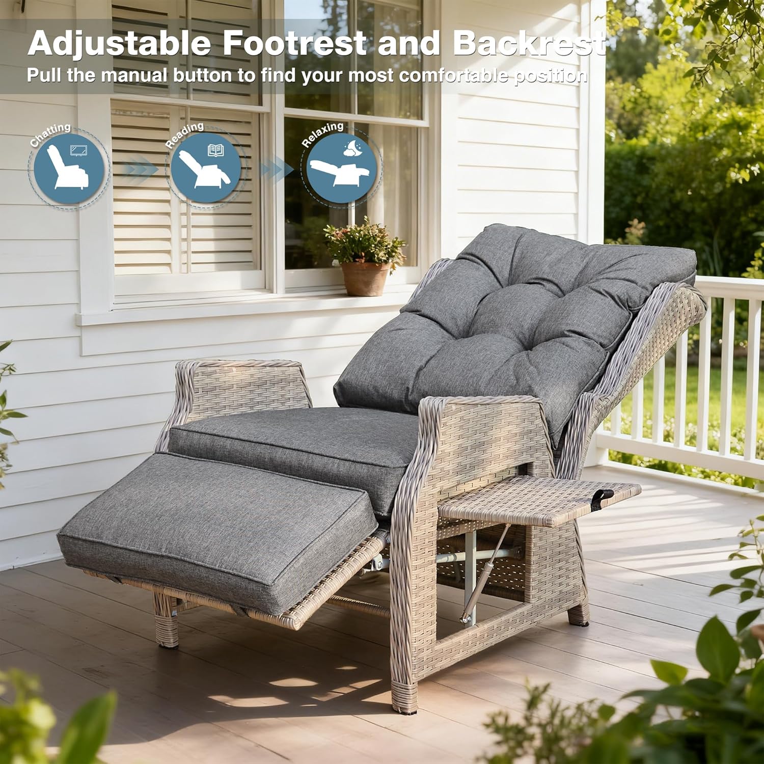 Rattan Reclining Sun Lounger Chair with Cushion Grey