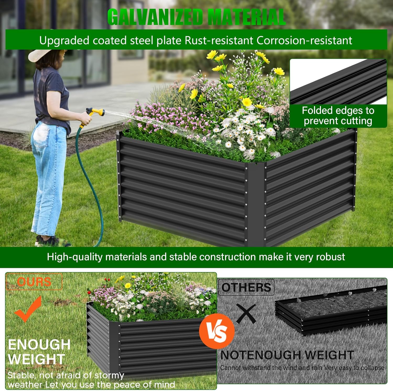 Large Metal Raised Garden Bed 122cm Black Steel Planter