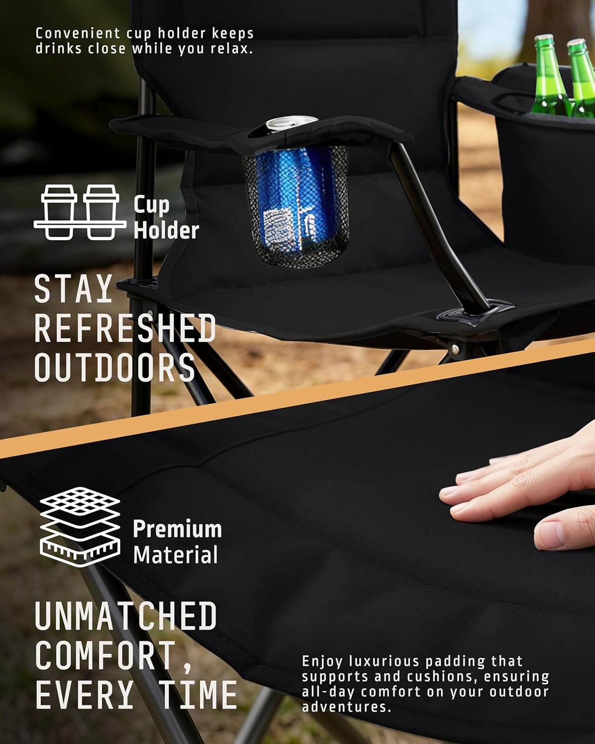 Folding Camping Chairs 2 Pack Cooler Bag Portable Black