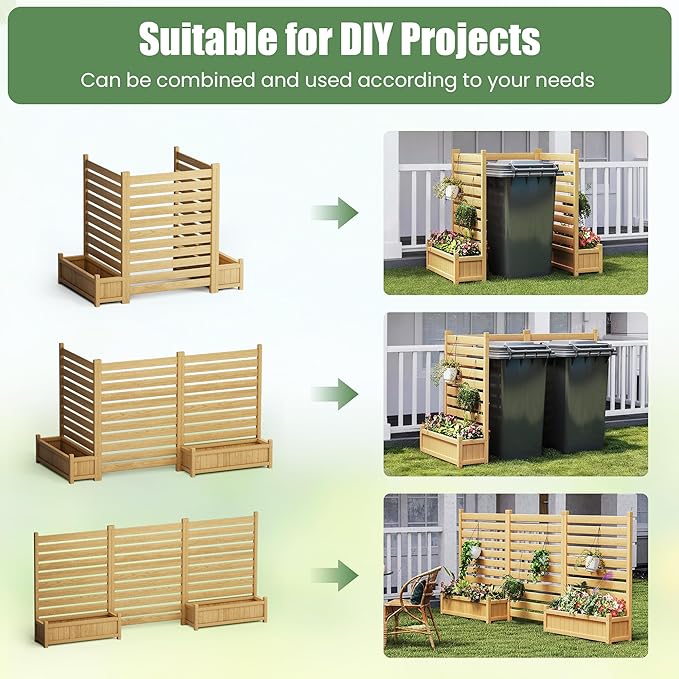 3 Piece Wooden Planter with Trellis Privacy Screen Set