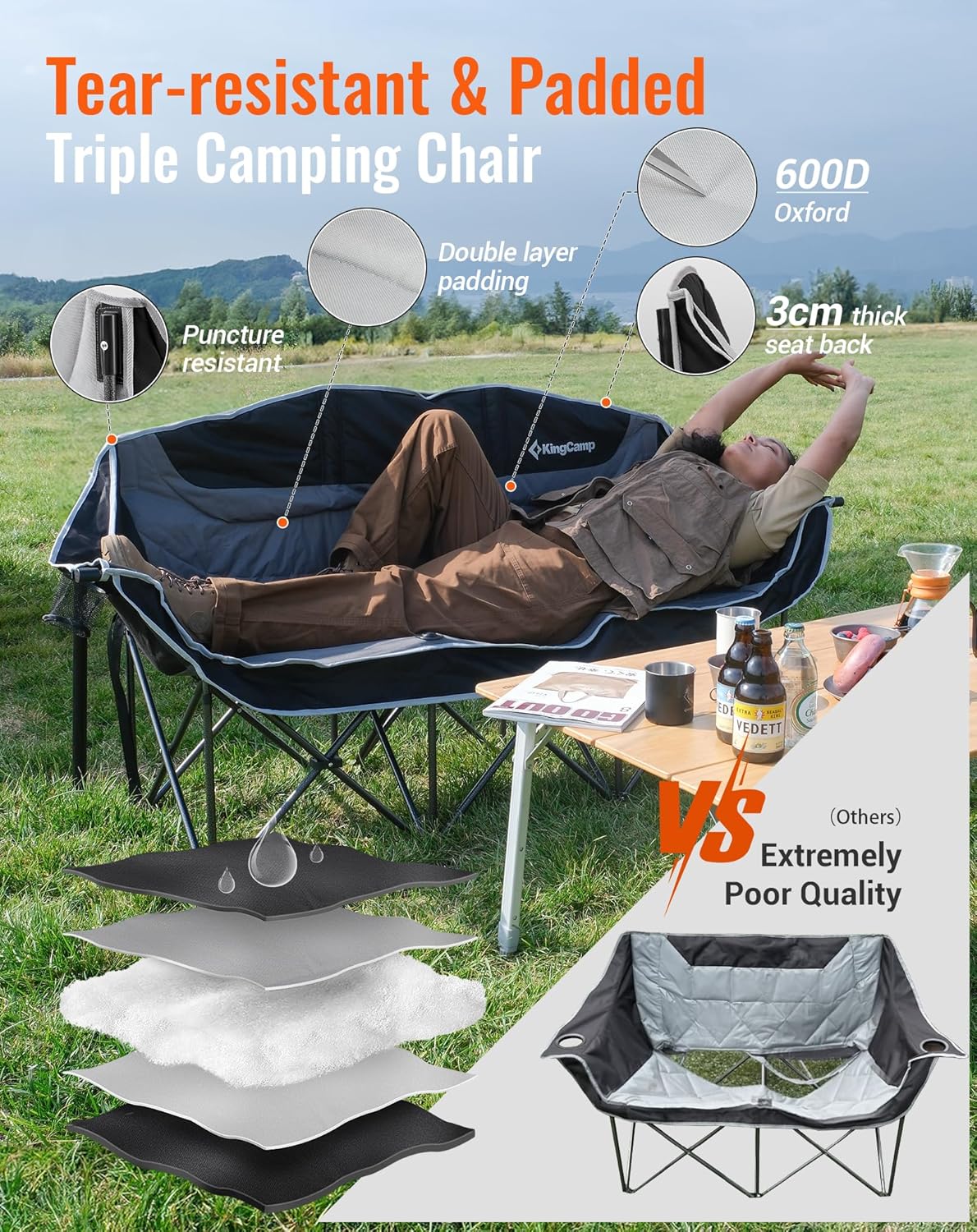 3 Seater Camping Sofa Chair 450KG Black Grey