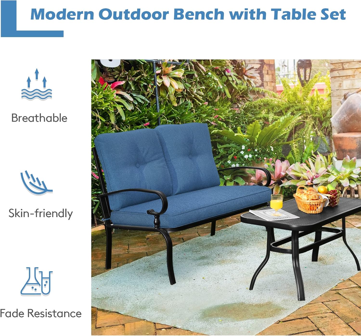2 Seater Garden Loveseat with Coffee Table Cushions Set