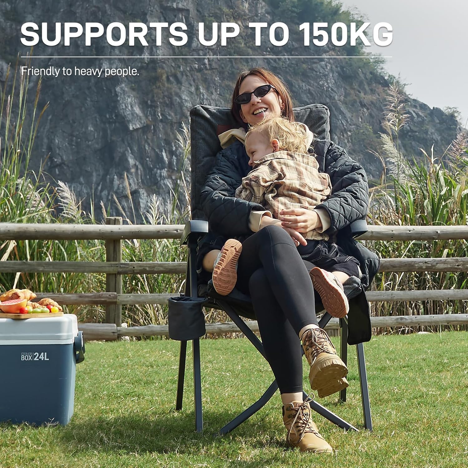 Luxury Reclining Camping Chair High Back Black 150kg