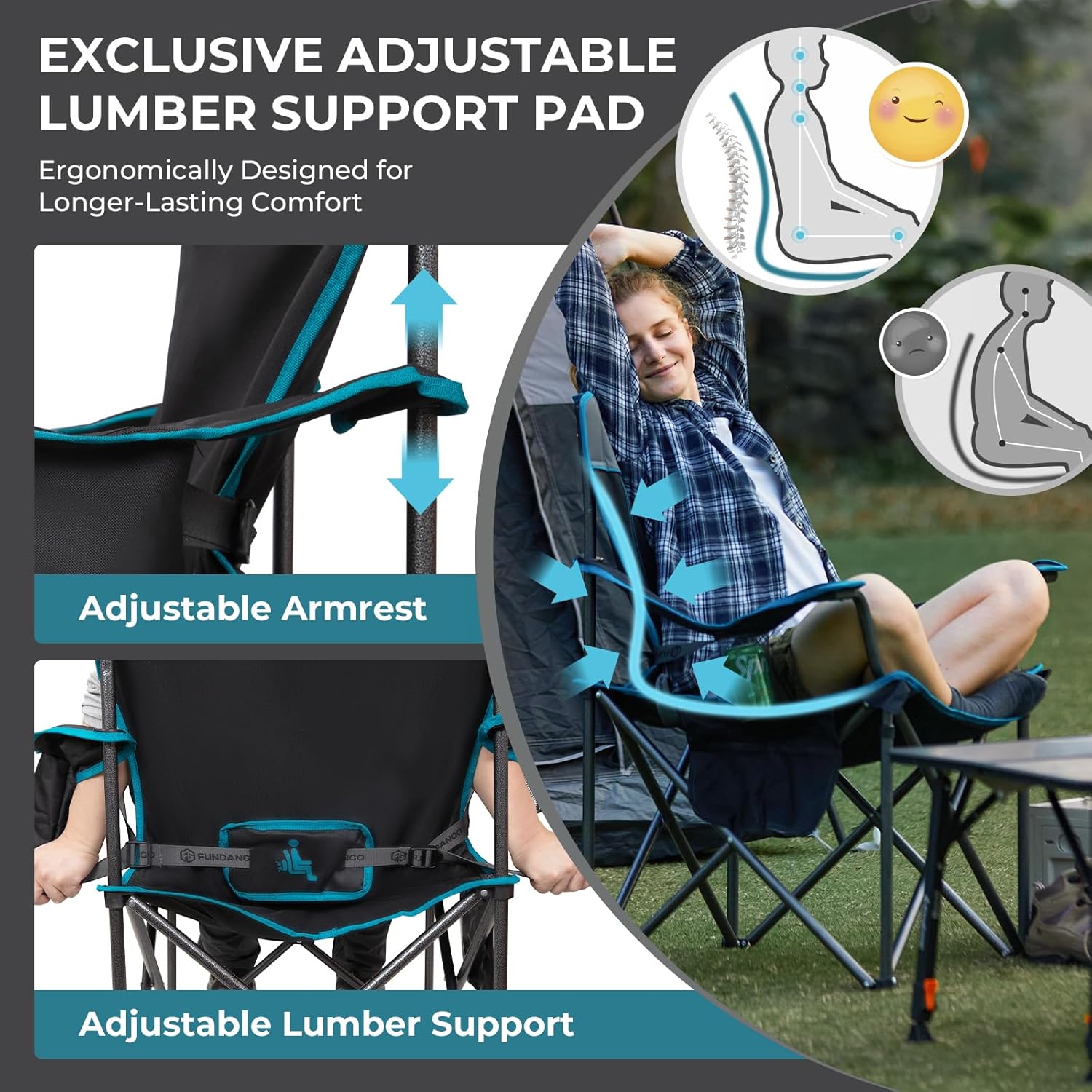 Oversized Camping Chair 550LB with Cooler Pocket Black Grey